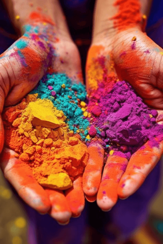 Two Hands Holding A Mix Of Colorful Powders For The Holi Festival