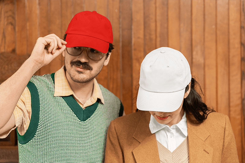 Grandpacore Inspired Mockup Of A Man And A Woman Wearing Dad Hats