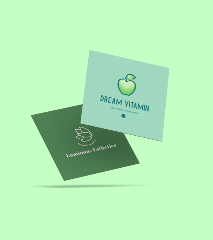 Mockup Of Two Square Business Cards Floating Against A Plain Background Featuring Logo Designs For Personal Care Products