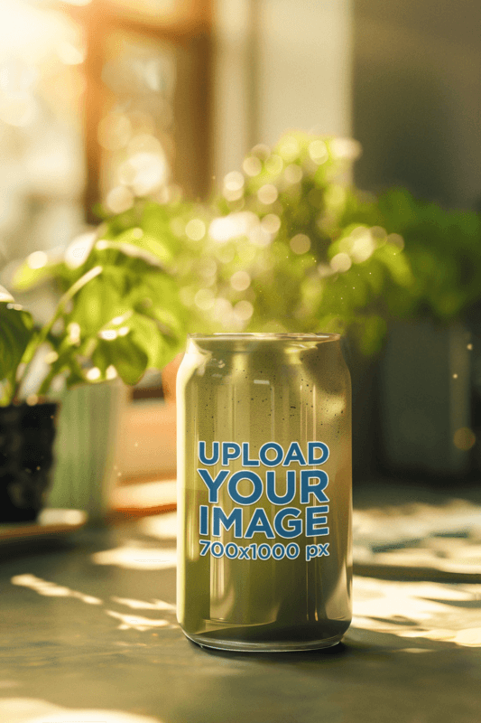 AI Created Mockup Featuring A Beer Can Glass Filled With Matcha Tea