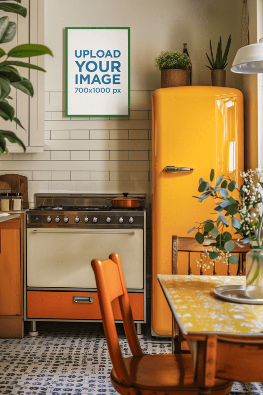 AI Generated Mockup Featuring An Art Print Placed In A Retro Kitchen