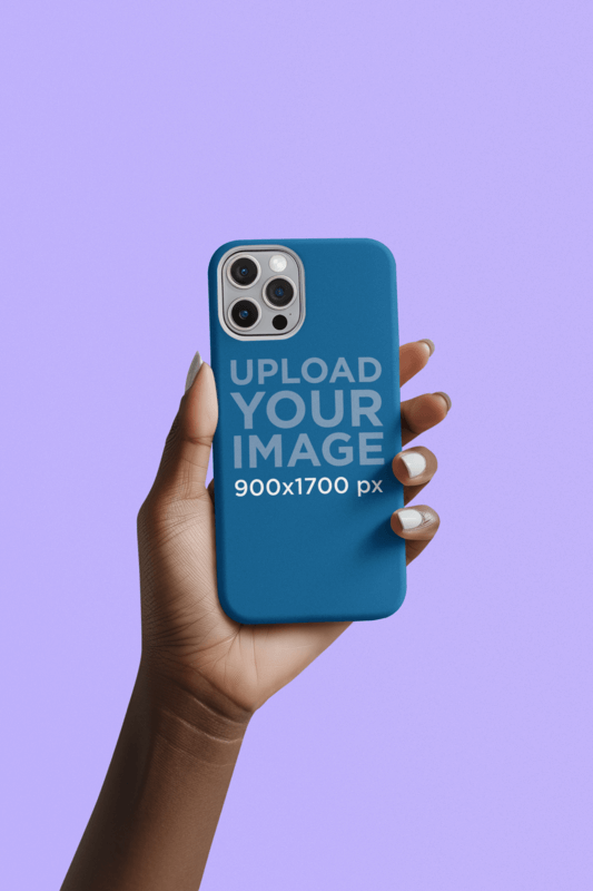 Print Mockup Featuring An AI Created Woman's Hand Holding A Phone Case Against A Purple Backdrop