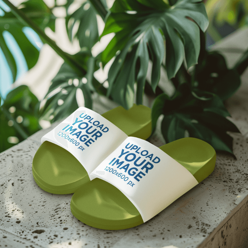 Sandals Mockup Featuring An AI Created Stone Surface With Plants