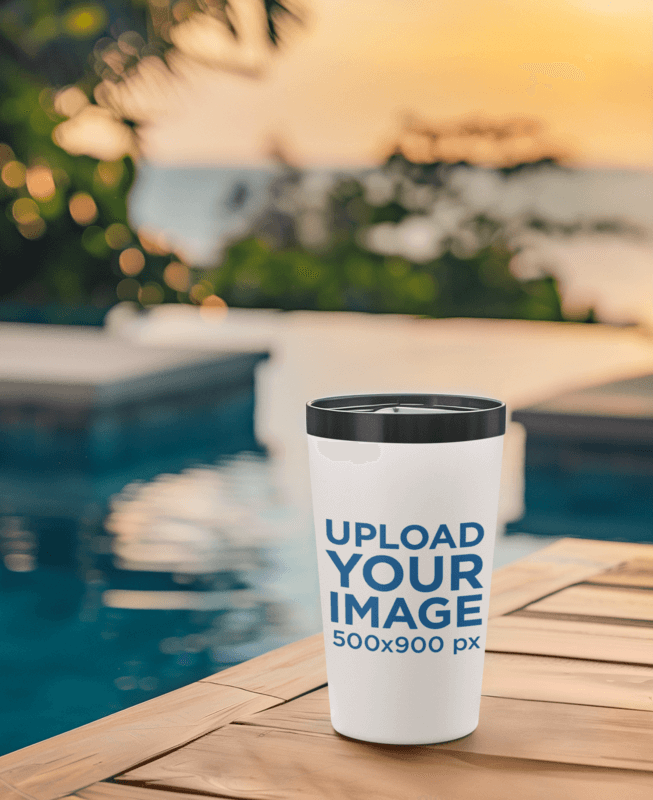 Summer Themed Mockup Of An AI Created Tumbler Placed By A Pool