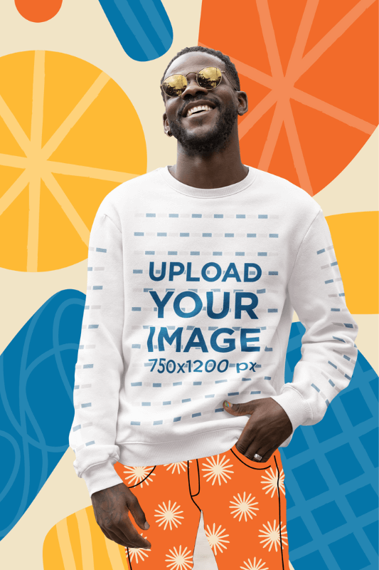 Sweatshirt Mockup Featuring A Smiling Man Posing In A Doodle Background