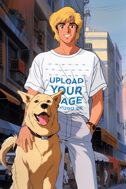 T Shirt Mockup Featuring An Anime Inspired Man Posing With His Dog