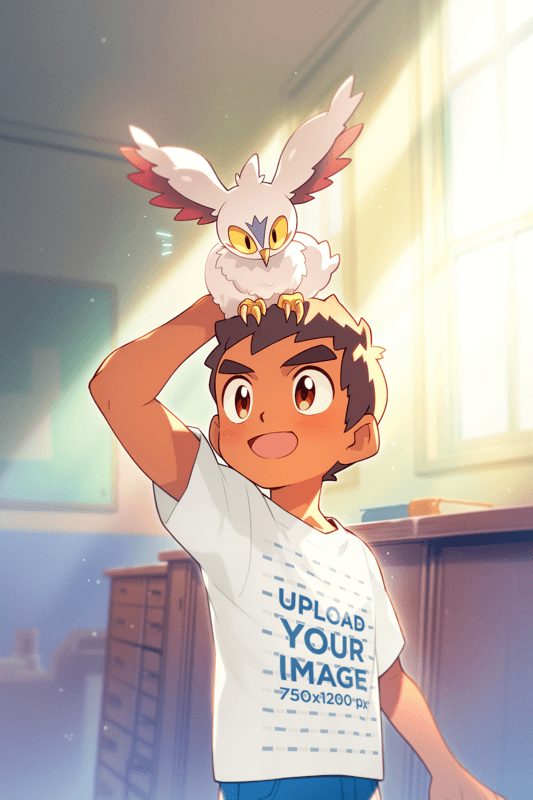 T Shirt Mockup Of An Illustrated Boy With A Fantasy Pet On His Head