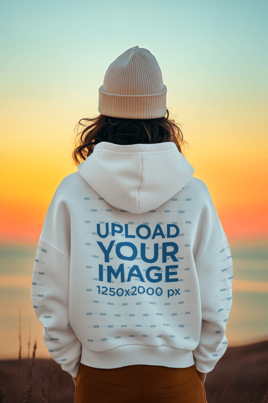 Back View Hoodie Mockup Featuring An Ai Generated Woman Looking At A Sunset Sky