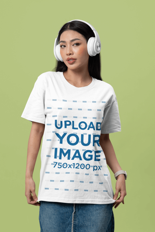Blank Bella Canvas T Shirt Mockup Featuring A Serious Woman Posing With White Headphones