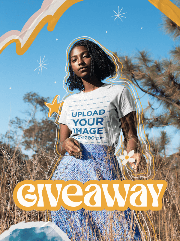 Blank T Shirt Mockup Featuring A Woman Posing Outdoors For A Giveaway Ad