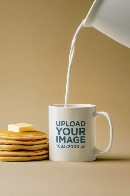 Coffee Mug Mockup Featuring AI Created Milk And Pancakes