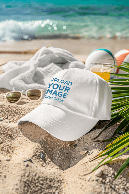Mockup Of An AI Generated Embroidered Dad Hat Lying On The Beach
