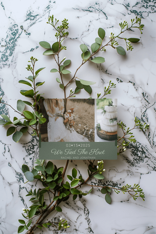 AI Generated Horizontal Greeting Card Placed With A Laurel Leaf On A Marble Surface For Personalized Wedding Favors