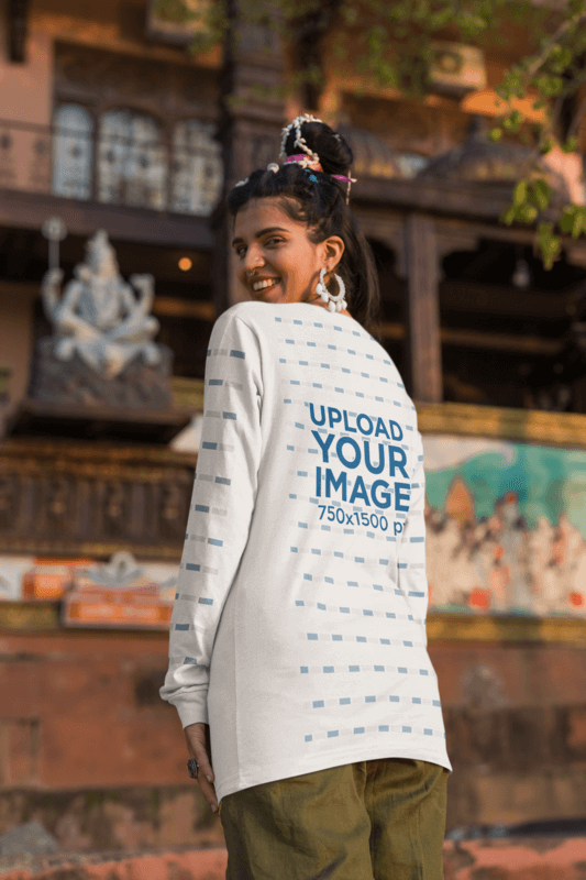 Back View Mockup Of A Woman With Big Earrings Wearing A Bella Canvas 3501 Long Sleeve Tee