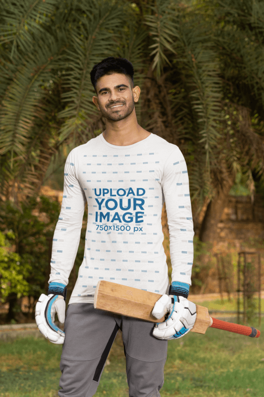 Bella Canvas 3501 Long Sleeve Tee Mockup Of A Man Carrying A Cricket Bat