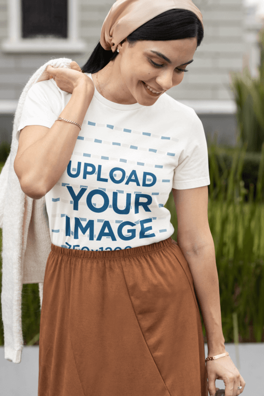 Bella Canvas 6400 T Shirt Mockup Featuring A Joyful Woman In A Modest Fashion Style