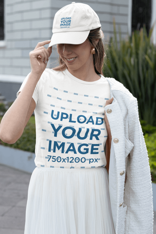 Bella Canvas 6400 Tee And Dad Hat Mockup Featuring A Joyful Woman In A Modest Outfit