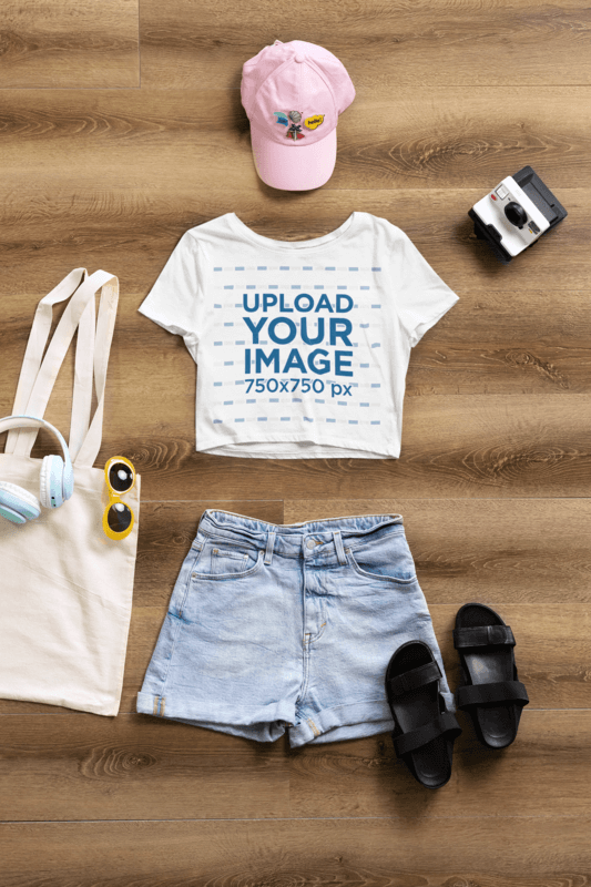 Mockup Of A Bella Canvas 6681 Crop Top Lying With A Summer Outfit