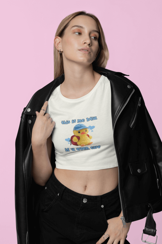 Mockup Of A Woman Posing In A Bella Canvas 6681 Crop Top Under A Leather Garment