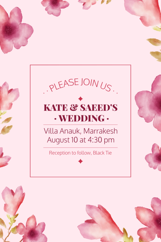 Invitation Card For A Wedding With Illustrated Watercolor Flowers