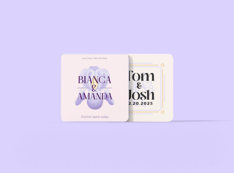 Mockup Featuring A Pair Of Square Personalized Wedding Coasters Standing Against A Solid Color Backdrop