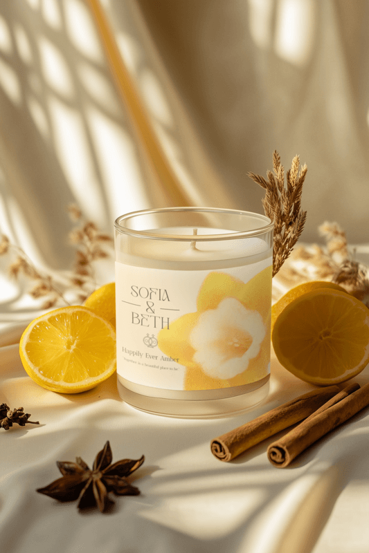 Mockup Of An AI Generated Full Glass Candle Placed On A Setting With Orange Slices And Cinnamon Sticks For A Wedding