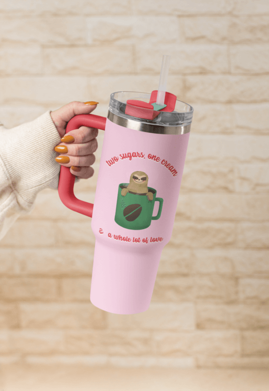Stanley Mockup Featuring A Woman's Hand Holding A Tumbler With A Love And Coffee Quote