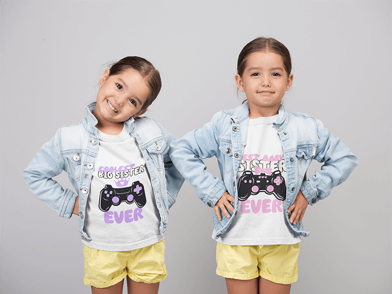 Crew Neck T Shirt Mockup Featuring Twin Sisters Posing While Wearing Denim Jackets And Yellow Shorts