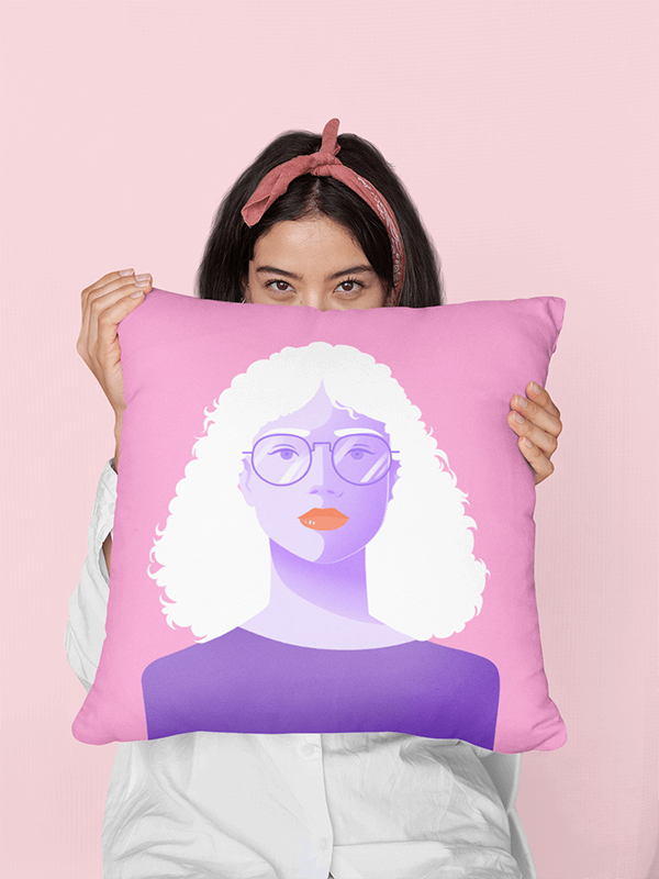 Mockup Of A Woman Covering Her Face With A Pillow At A Studio