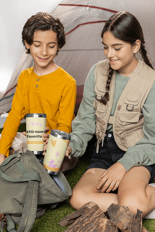 Mockup Of Two Siblings Holding Sublimated Travel Mugs At A Camping Site