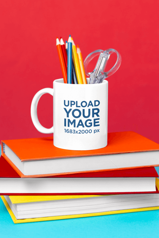 Mockup Of A Sublimated Coffee Mug Filled With Colors And School Supplies