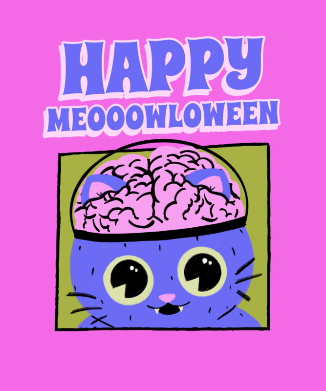 Halloween Inspired T Shirt Design Template Featuring A Spooky Cat With A Big Brain