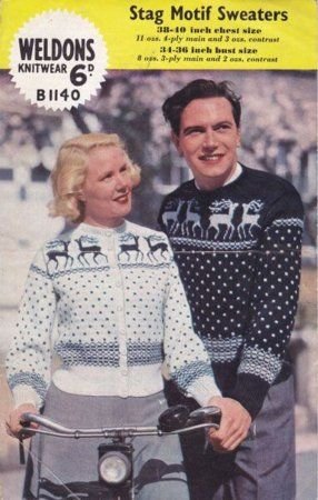 Couple from the 50s wearing christmas sweaters Couple from the 50s wearing christmas sweaters